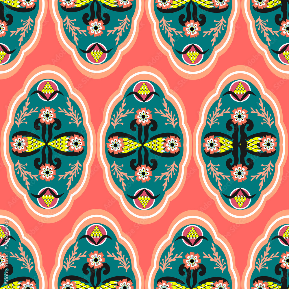 abstract floral ornament of blue and black colors on a pink background