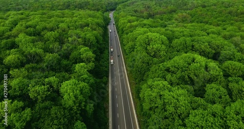 Aerial view flying over road with car moving, that through lane green forest. Car driving along the forest road. AERIAL: Car driving through pine forest. Drone shot from above