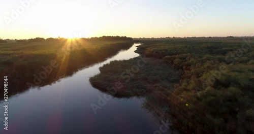 Aerial sunrise view over the waterways of the Okavango Delta photo