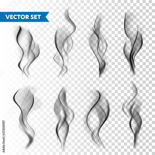 Realistic cigarette smoke set isolated on transparent background. Vector vapor in air, steam flow. Fog, mist effect.