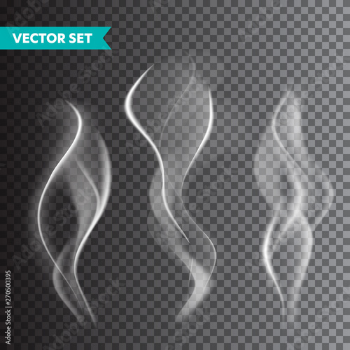 Realistic cigarette smoke set isolated on transparent background. Vector vapor in air, steam flow. Fog, mist effect.