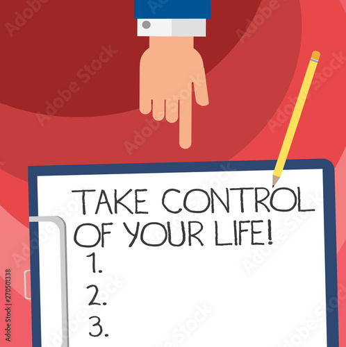 Word writing text Take Control Of Your Life. Business concept for Be the analysisager of your destiny motivation Hu analysis Hand Pointing Down to Clipboard with Blank Bond Paper and Pencil