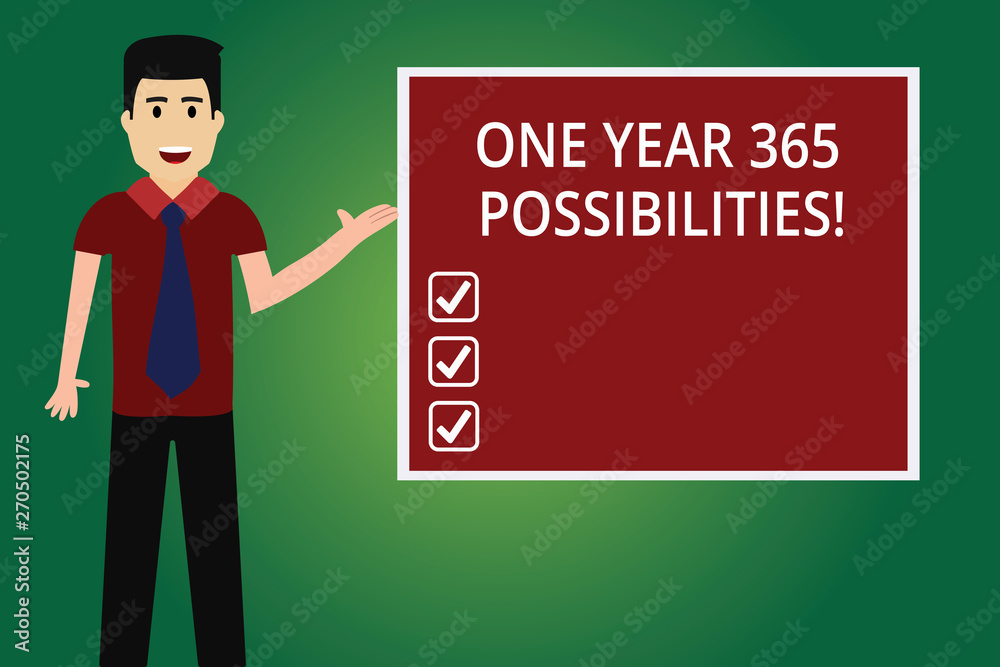 Word writing text One Year 365 Possibilities. Business concept for Fresh new start Opportunities Motivation Man with Tie Standing Talking Presenting Blank Color Square Board photo Word writing text One Year 365 Possibilities. Business concept for Fresh new start Opportunities Motivation Man with Tie Standing Talking Presenting Blank Color Square Board photo