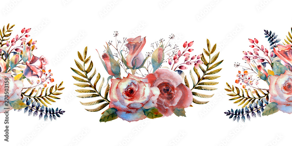 Pink roses, buds, leaves. Repeating summer horizontal border. Floral watercolor. Watercolor compositions for the design of greeting cards or invitations. Illustration. Pink roses, buds, leaves. Repeating summer horizontal border. Floral watercolor. Watercolor compositions for the design of greeting cards or invitations. Illustration.