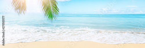  Sunny tropical beach with palm trees and turquoise water, caribbean island vacation, hot summer day