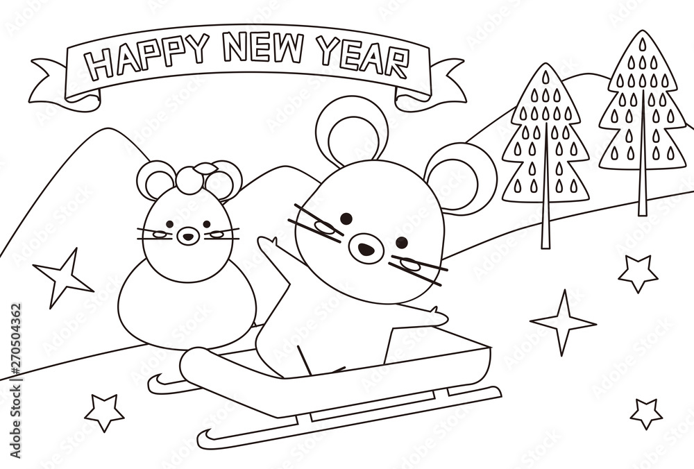 塗り絵年賀状 年 ねずみ ソリ 英語 Stock Vector Adobe Stock