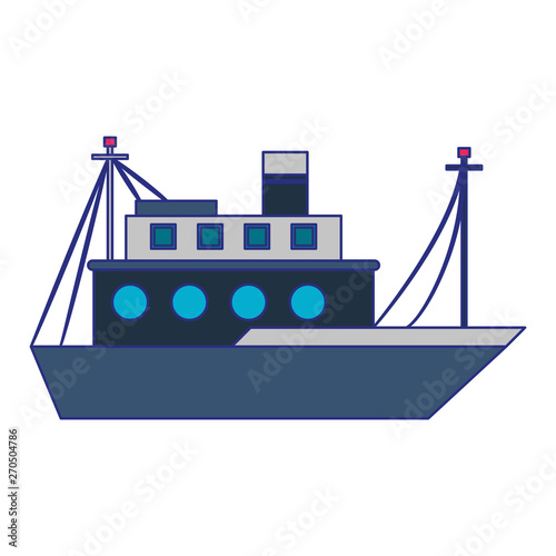 Fish ship boat sideview isolated cartoon blue lines