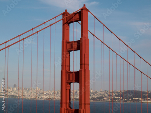 Top of Red Art Deco Tower and supporting cables on the Golden Gate Bridge