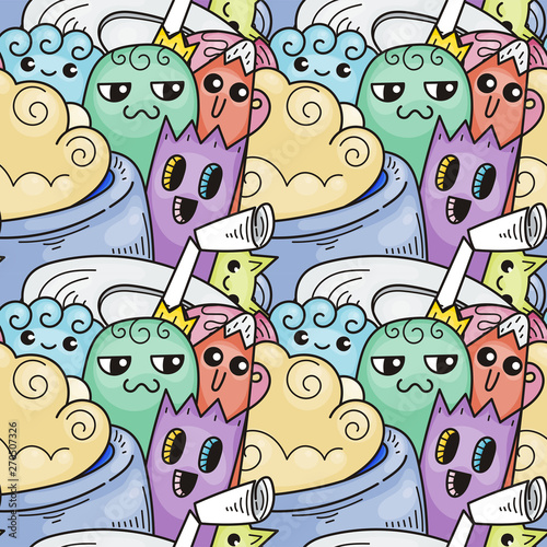 Doodle hand-drawn cartoon with smiles and taste  coffee shop theme seamless pattern