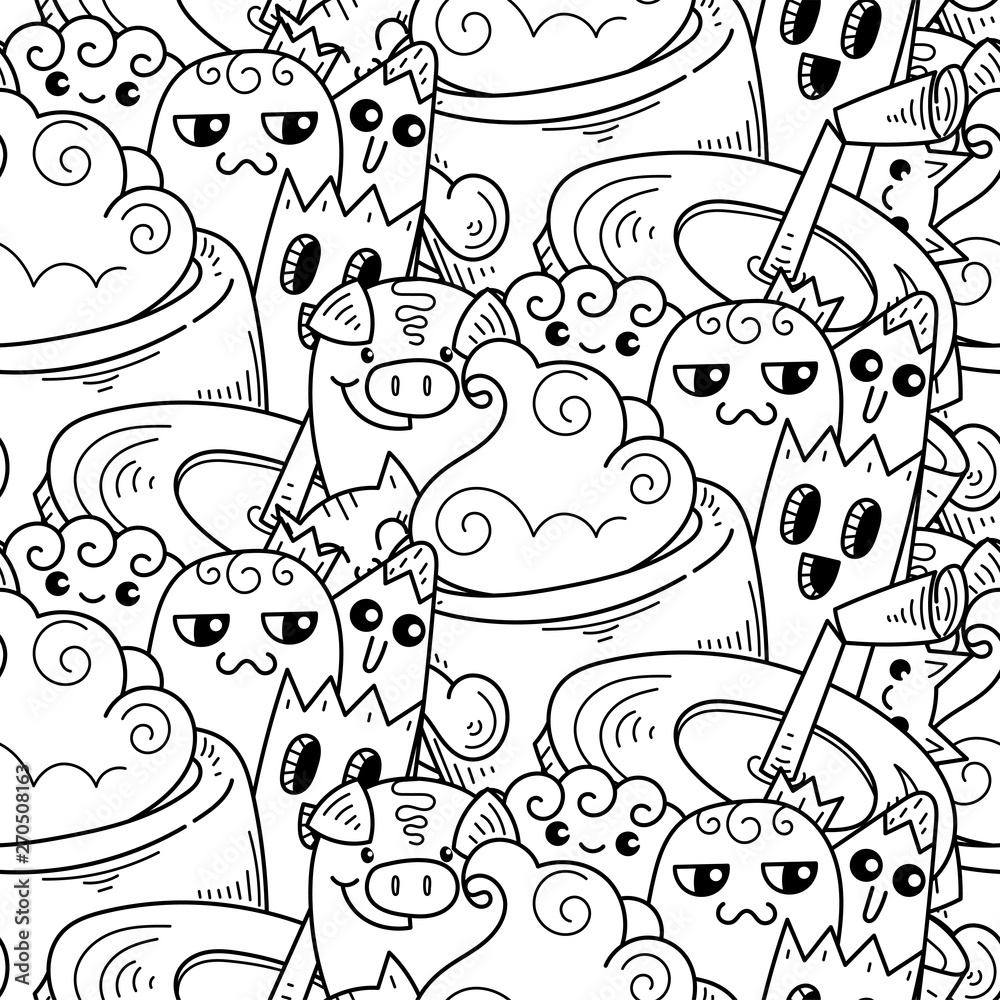 Doodle hand-drawn cartoon with smiles and taste, coffee shop theme seamless pattern