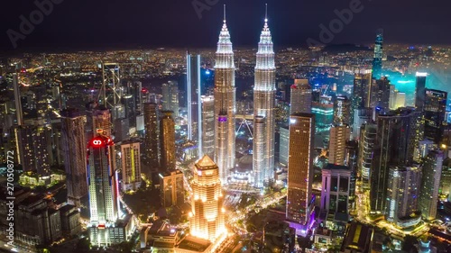 kuala lumpur city downtown night time illuminated aerial panorama 4k timelapse malaysia 