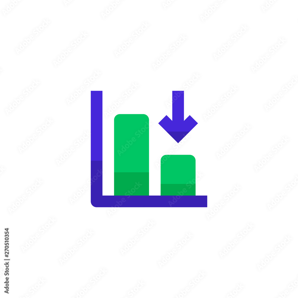 down trend degenerate bar chart icon design with falling down arrow symbol. simple clean professional business management concept vector illustration design. down trend degenerate bar chart icon design with falling down arrow symbol. simple clean professional business management concept vector illustration design.