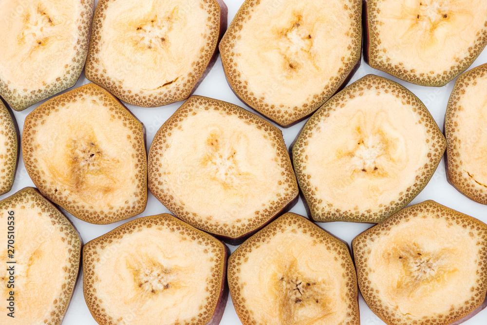 top view of ripe delicious exotic banana slices