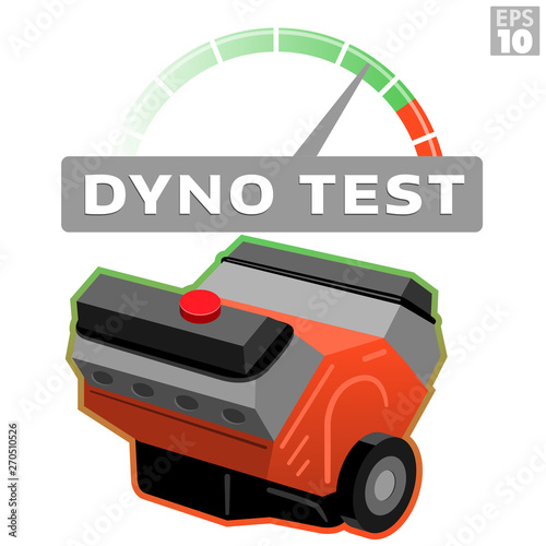 Dyno test car engine block with RPM tachometer measuring horsepower performance from motor.