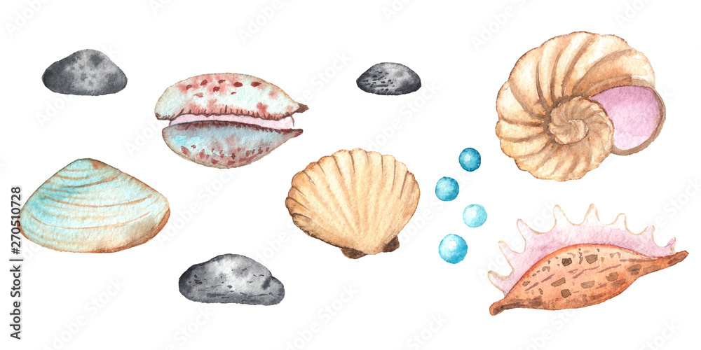 Watercolor children's elements with underwater creatures: whale, turtle, crab, octopus, starfish, narwhal, jellyfish, seaweed, corals, shells for baby shower, shirt design, invitations, decoration, 