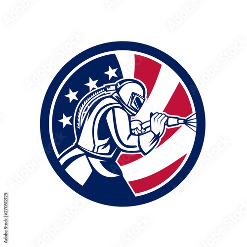 Mascot icon illustration of an American sandblaster or sand blaster abrasive blasting viewed from side set inside circle with USA stars and stripes flag on isolated background in retro style.