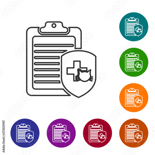 Grey Clipboard with medical clinical record pet line icon isolated on white background. Health insurance form. Medical check marks report. Set icon in color circle buttons. Vector Illustration