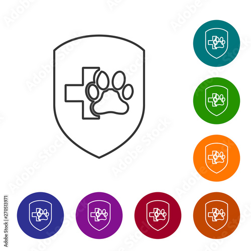 Grey Animal health insurance line icon isolated on white background. Pet protection icon. Dog or cat paw print. Set icon in color circle buttons. Vector Illustration