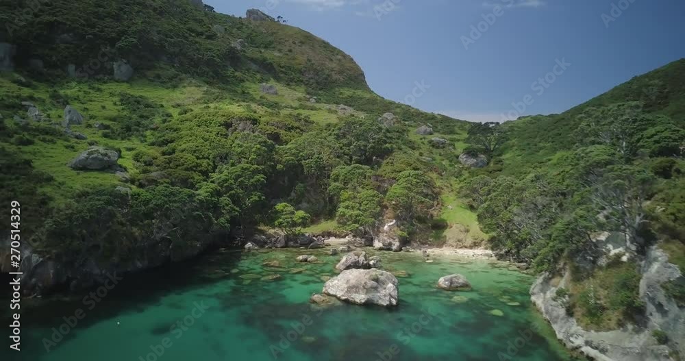 Aerial rising shot over green jungle covered cliffs on lush island Aerial rising shot over green jungle covered cliffs on lush island