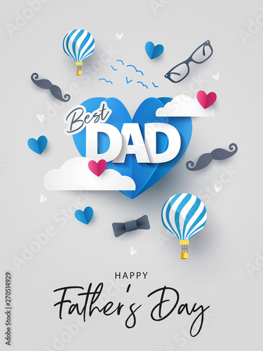 Happy Father's Day greeting card, banner, poster or flyer design with flying origami hearts over clouds with air balloons, paper mustache, glasses and bow tie. Paper art, digital craft style. 