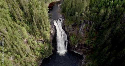 Aerial of the waterfall Storfossen in Malvik in the country of Norway, close to the city of Trondheim. Springtime with a lot of water. photo