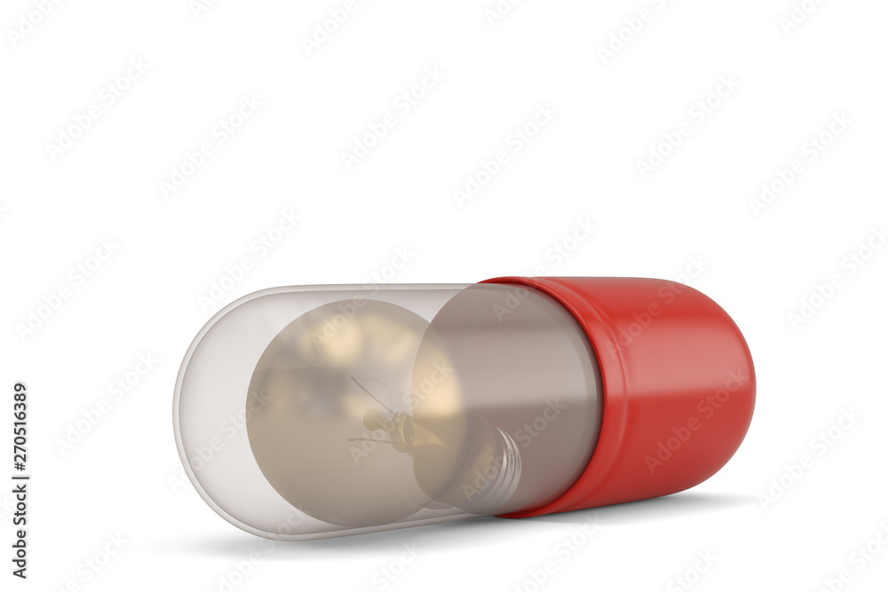 A big pill and lightbulb inside capsule isolated on white background. 3D illustration. A big pill and lightbulb inside capsule isolated on white background. 3D illustration.
