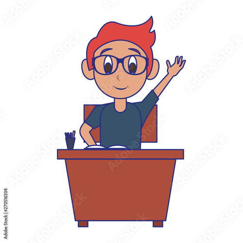Kid seated in school desk blue lines