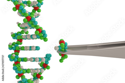 Genetic engineering and gene manipulation concept tweezers is replacing part of a dna molecule. 3D illustration. photo