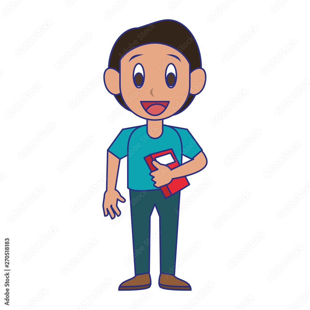 Student boy with books cartoon blue lines