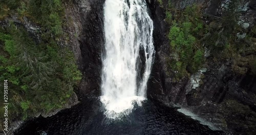 Aerial of the waterfall Storfossen in Malvik in the country of Norway, close to the city of Trondheim. Springtime with a lot of water. photo