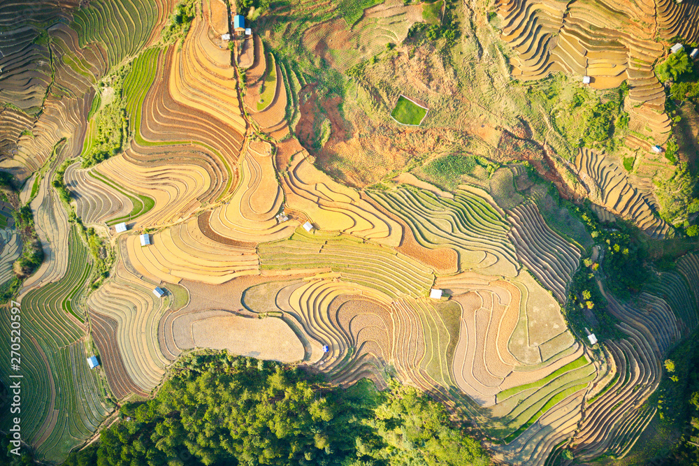 Aerial view of rice terraced fields in Mu Cang Chai, Vietnam at watering season.
