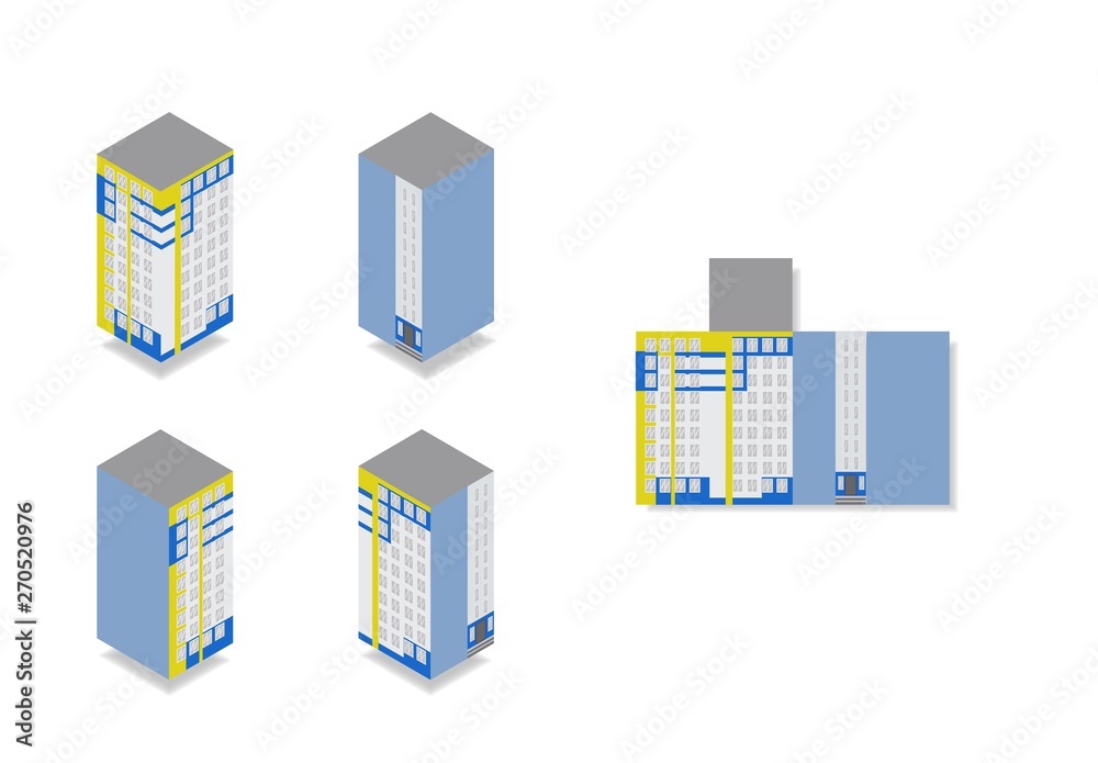 Vector isometric high rise building in urban city. Four sides of house and flat illustration on white background.