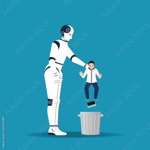 Big robotic hand holding little businessman in order to throw him into trash can. photo