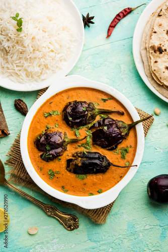 Baingan masala / Eggplant / brinjal curry served with chapati and rice, selective focus
