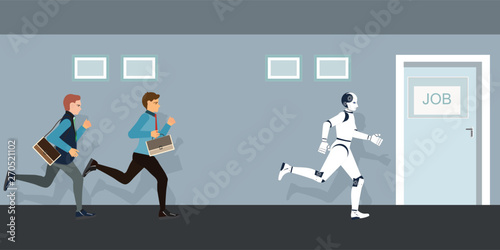 Business People and robot competing to job door.