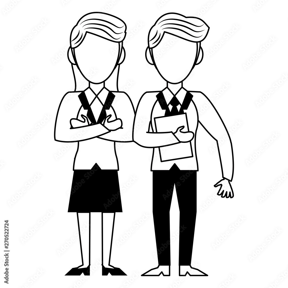 Executive business couple cartoon isolated in black and white