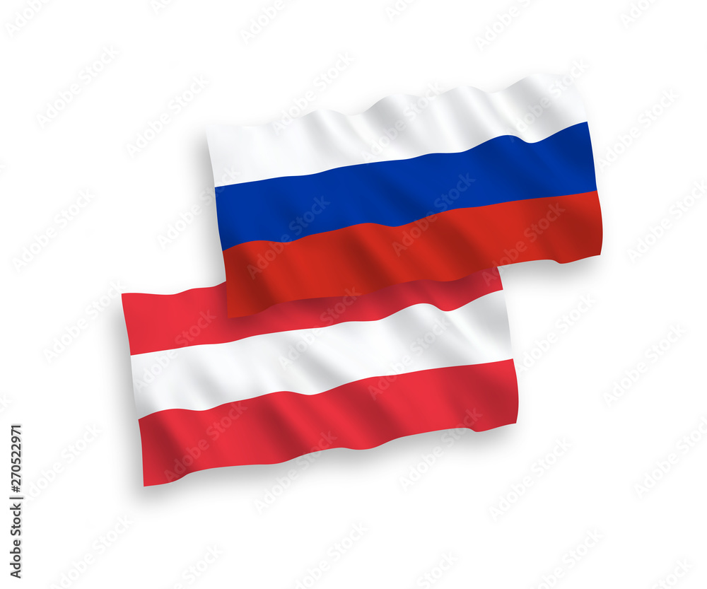 Naklejka premium National vector fabric wave flags of Austria and Russia isolated on white background. 1 to 2 proportion.