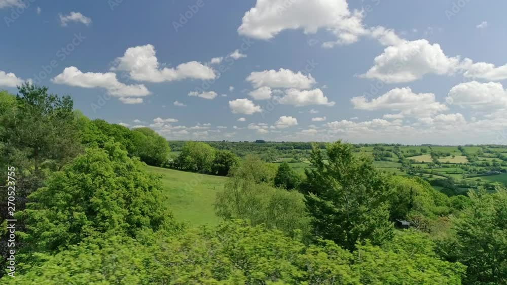 English fields and green springtime treetops. In the background a swathe of farming land. Amazing blue sky