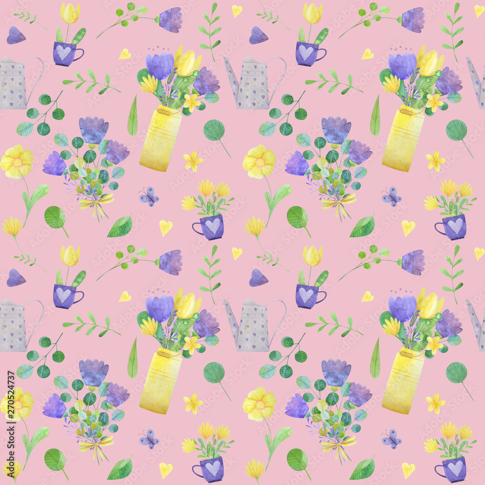 seamless pattern with cute watercolor illustration of stylized flowers. seamless pattern with cute watercolor illustration of stylized flowers.