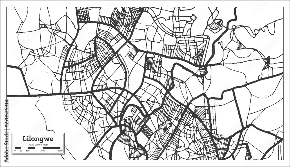 Lilongwe Malawi Map in Black and White Color.