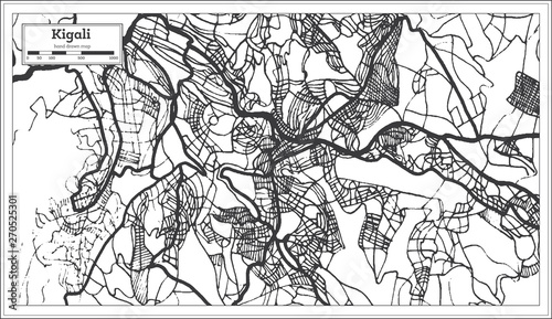 Kigali Rwanda Map in Black and White Color.
