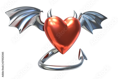Cuadro en lienzo 3D render of Metallic Heart shape with devil wings isolated on white background