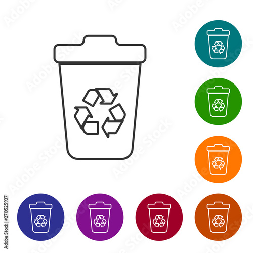 Grey Recycle bin with recycle symbol line icon isolated on white background. Trash can icon. Garbage bin sign. Recycle basket sign. Set icon in color circle buttons. Vector Illustration