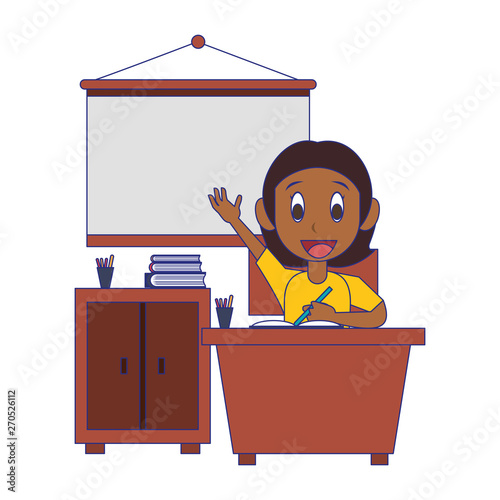 Student girl in classroom cartoon blue lines