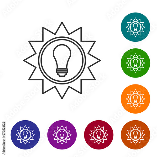 Grey Solar energy panel line icon isolated on white background. Sun and light bulb. Set icon in color circle buttons. Vector Illustration