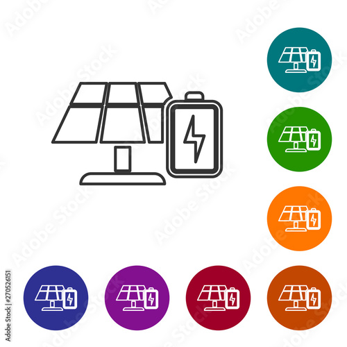 Grey Solar energy panel and battery line icon isolated on white background. Set icon in color circle buttons. Vector Illustration