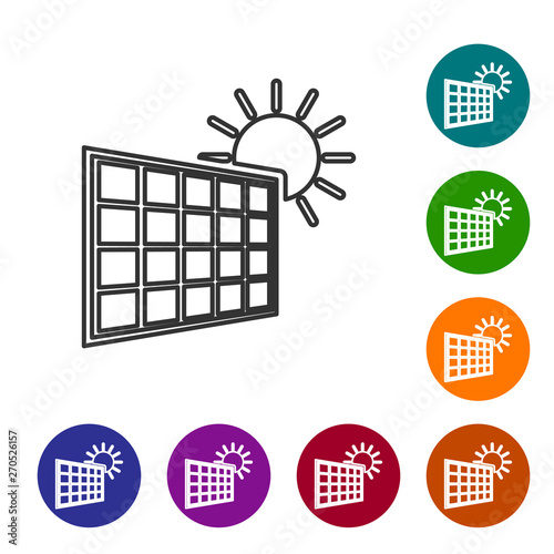 Grey Solar energy panel and sun line icon isolated on white background. Set icon in color circle buttons. Vector Illustration