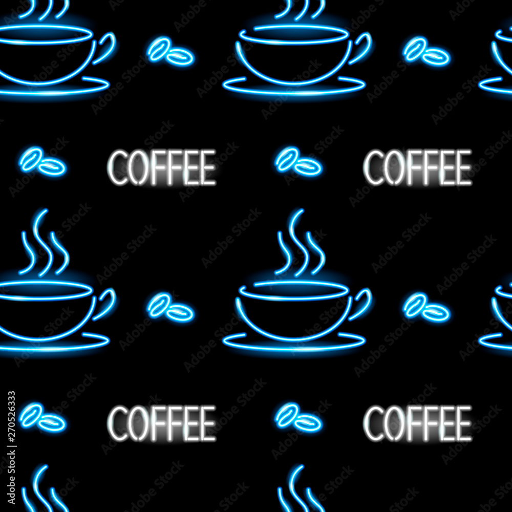 Seamless pattern with neon cups of coffee and coffee beans on a black background. Cafe, drinks, street food concept for wallpaper, backdrop, wrapping. Vector illustration EPS 10.