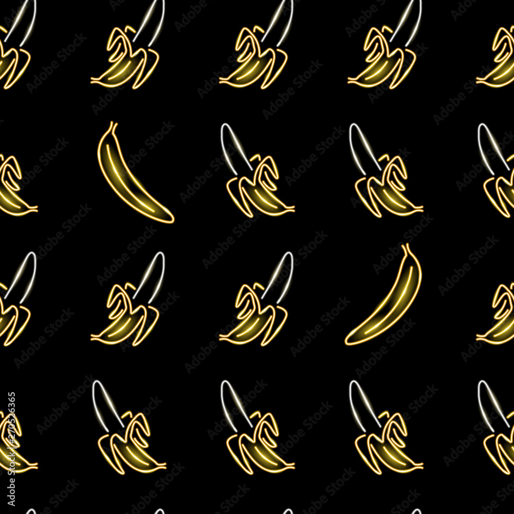 Seamless pattern with neon bananas icons on black background. Summer, exotic, vegetarian, food concept for wallpaper, backdrop, wrapping. Vector 10 EPS illustration.