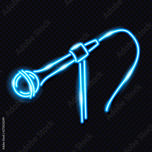 Neon icon of microphone isolated on dark background. Music, karaoke, sound concept for logo, banner, flyer. Night signboard imitation. Vector 10 EPS illustration.